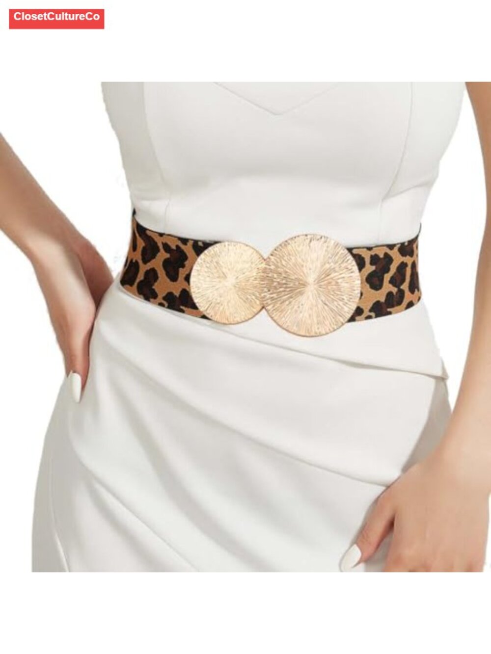 Wide Elastic Waist Belt Gold Double Circle Buckle Stretchy Cinch Waistband